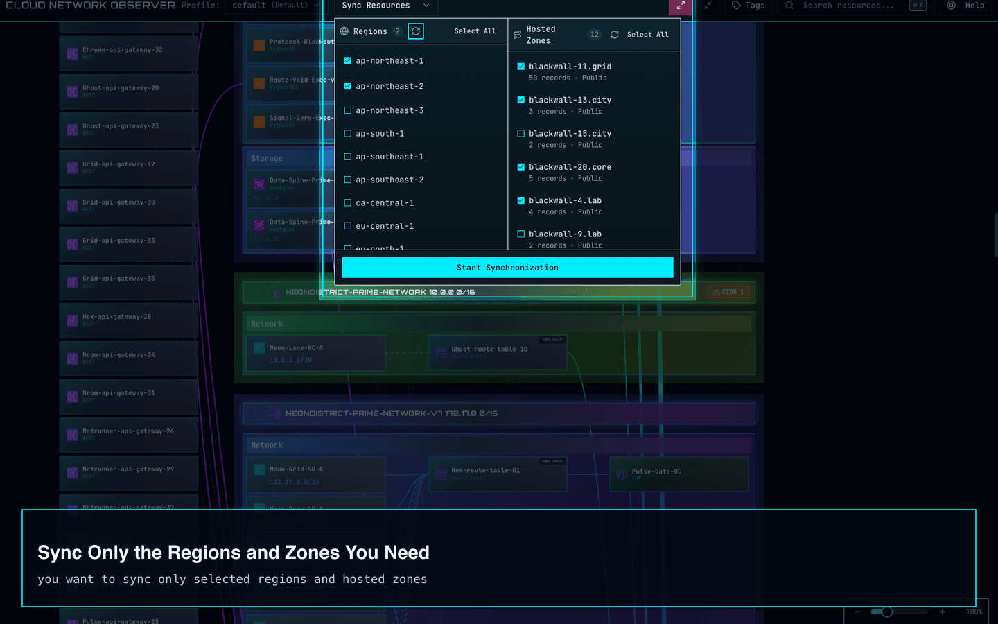 Cloud Network Observer screenshot showing selected Region and hosted zone sync.