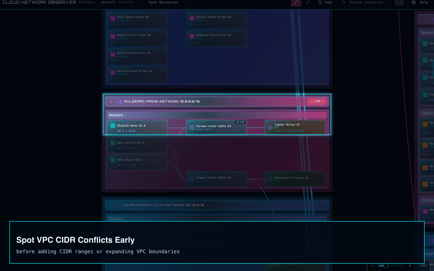 Cloud Network Observer screenshot highlighting VPC CIDR conflict detection.