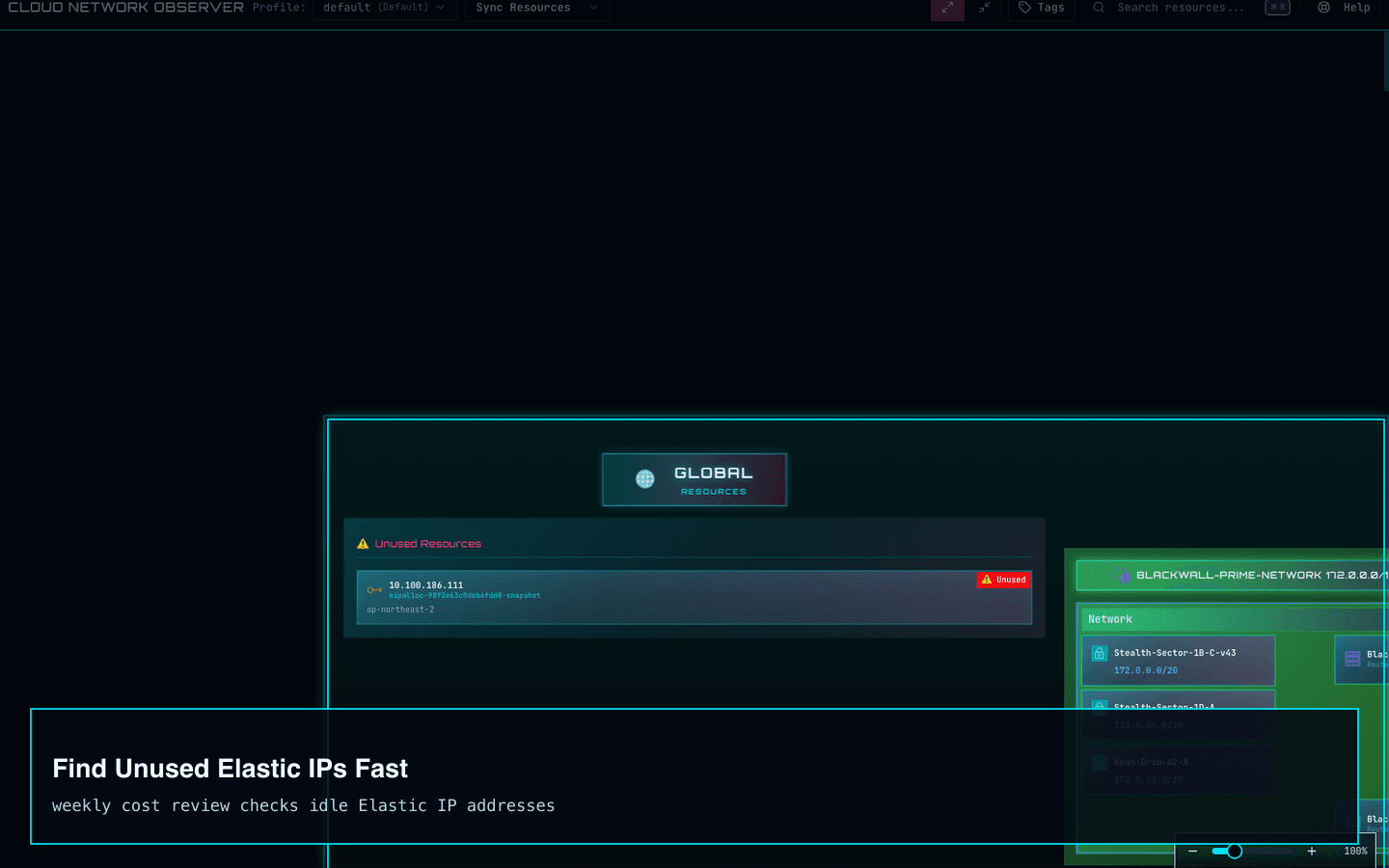 Cloud Network Observer screenshot showing unused Elastic IP detection.